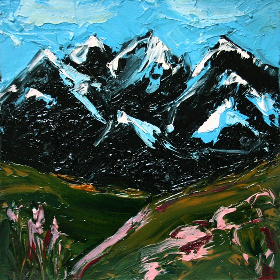 Mountains I.  4x4" / FROM MY A SERIES OF MINI WORKS LANDSCAPE / ORIGINAL OIL PAINTING