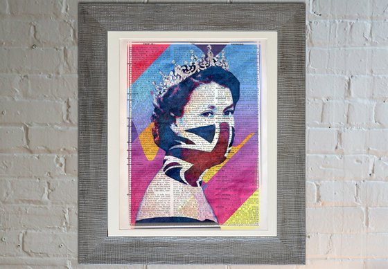 Queen Elizabeth II - The Union Jack Face Mask - Pop Art Collage Art on Large Real English Dictionary Vintage Book Page