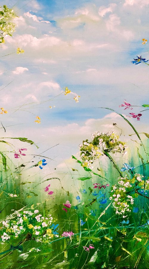 SPRING FIELD - Sky. Clouds. Wildflowers. Daisies. Cornflowers. Green field. Fragrances. Joy. Freshness. by Marina Skromova