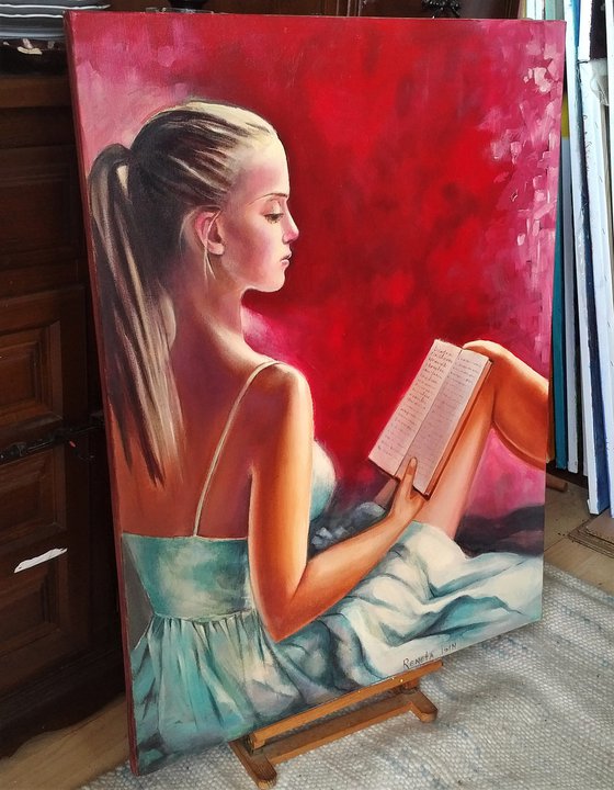 Girl with a book - 60 x 80cm Original Oil Painting