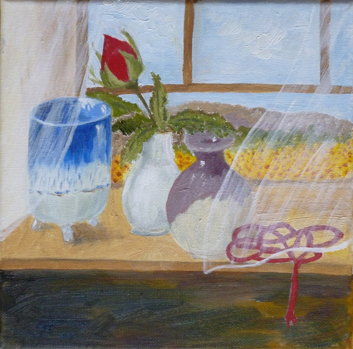 Impressionistic Still Life Oil Painting By Maddalena Pacini, 8 X 8", A Window Sill In Tuscany, Original Artwork