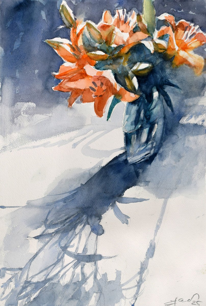 Cityscapes Watercolour By Goran Zigolic Watercolors, 15 X 22, Orange Lilies, Original Artwork