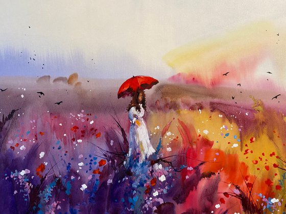 Watercolor “Three wonders of Summer: rainbow, lavender and poppies” perfect gift