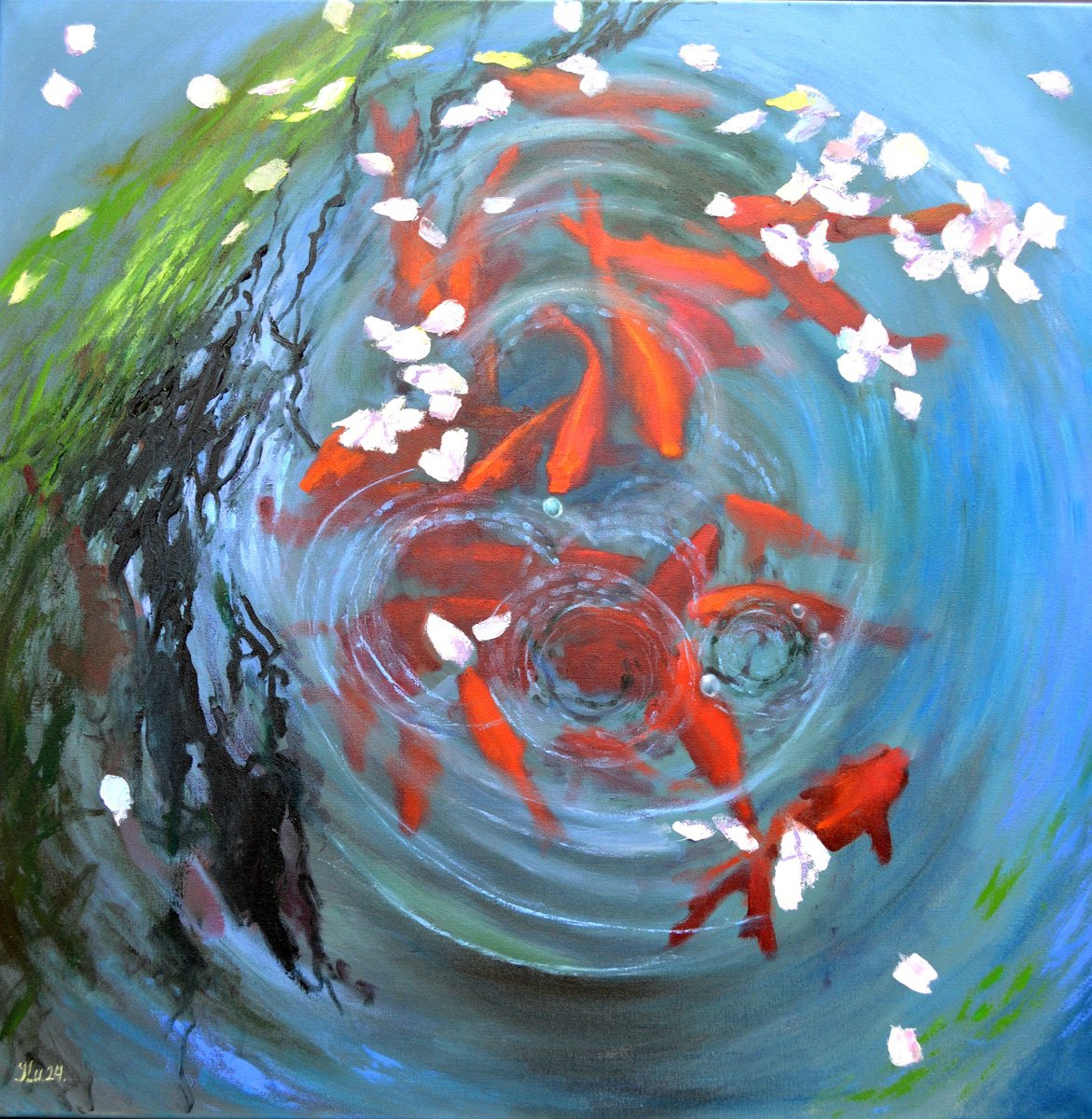 Impressionistic Animal Oil Painting By Elena Lukina, 39 X 39, Japanese Pond In Spring, Original Artwork