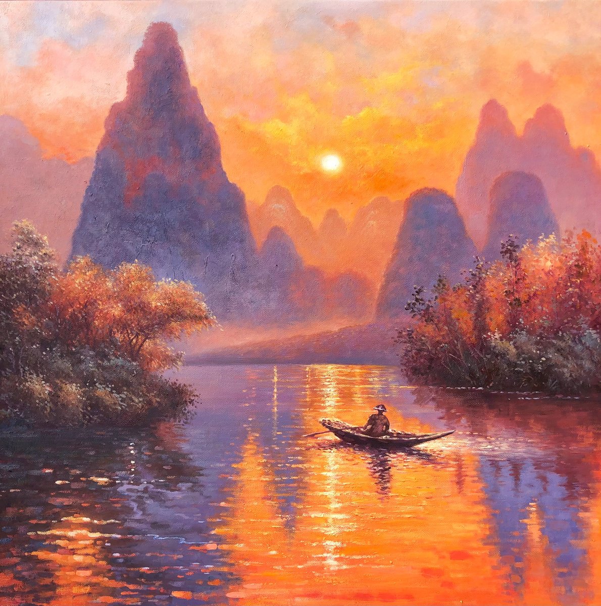 Impressionistic Landscape Oil Painting By Jianzhe Chon, 39 X 39, Landscape Of Guilin Z042, Original Artwork