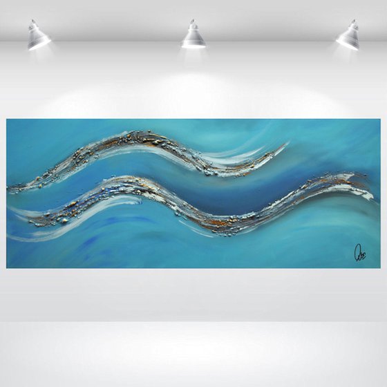 Oceans Breeze  - abstract acrylic painting canvas wall art blue gold metallic modern art