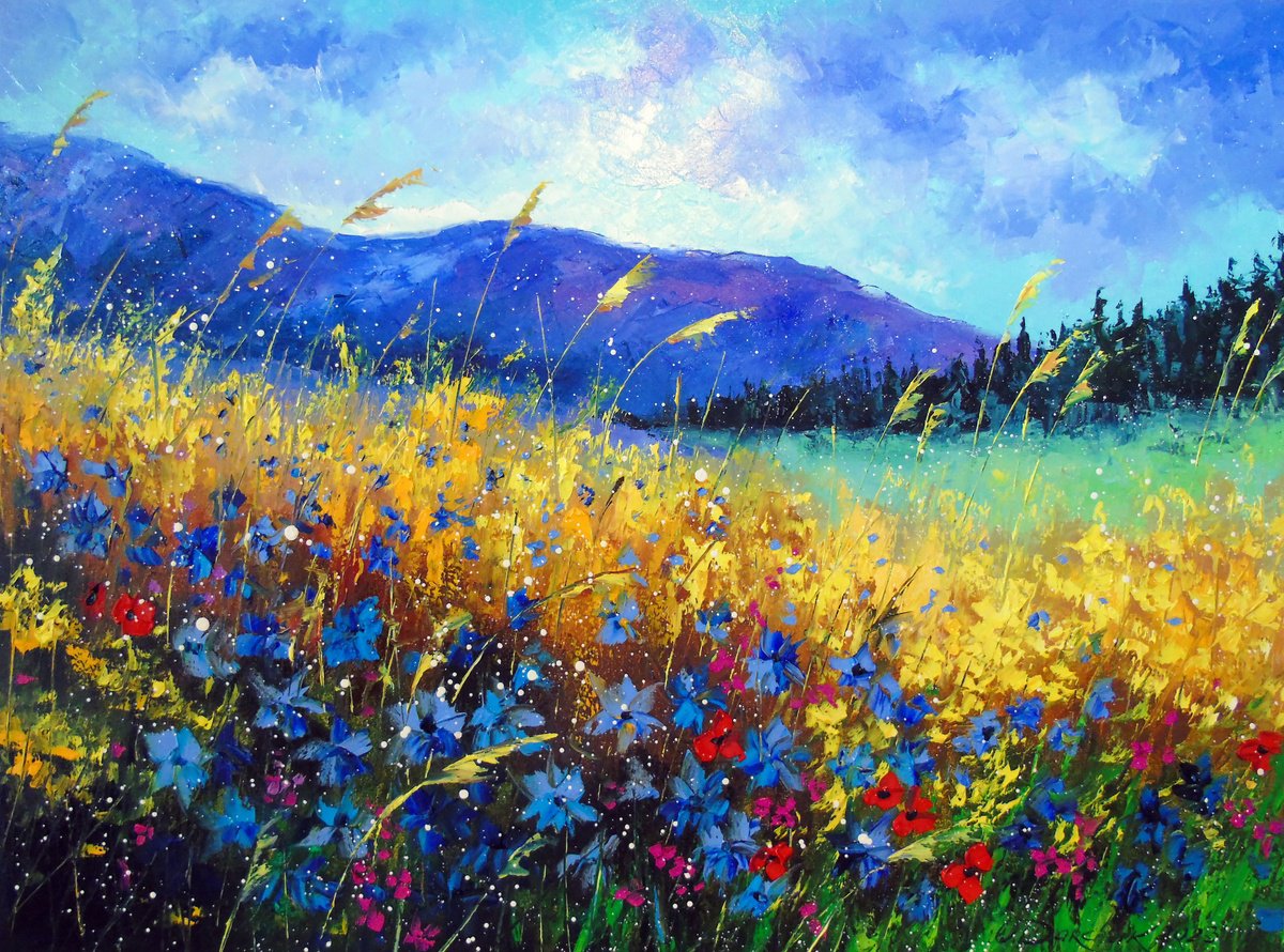 Impressionistic Landscape Oil Painting By Olha Darchuk, 31 X 24", Wildflowers Near The Mountains, Original Artwork