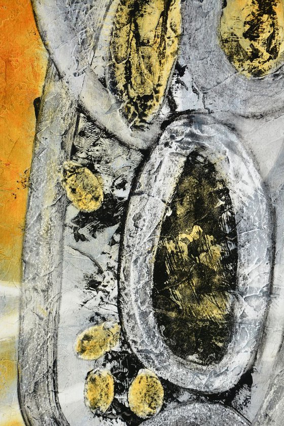 Evolution Series - large abstract painting with grey, yellow and white on wood.