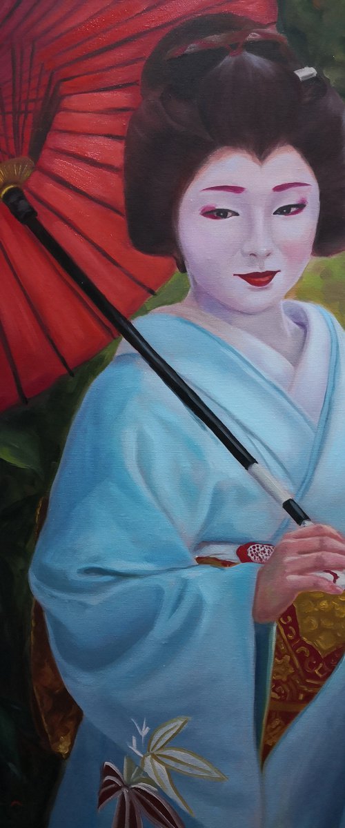 Geisha in kimono with red umbrella, portrait number 10 by Jane Lantsman
