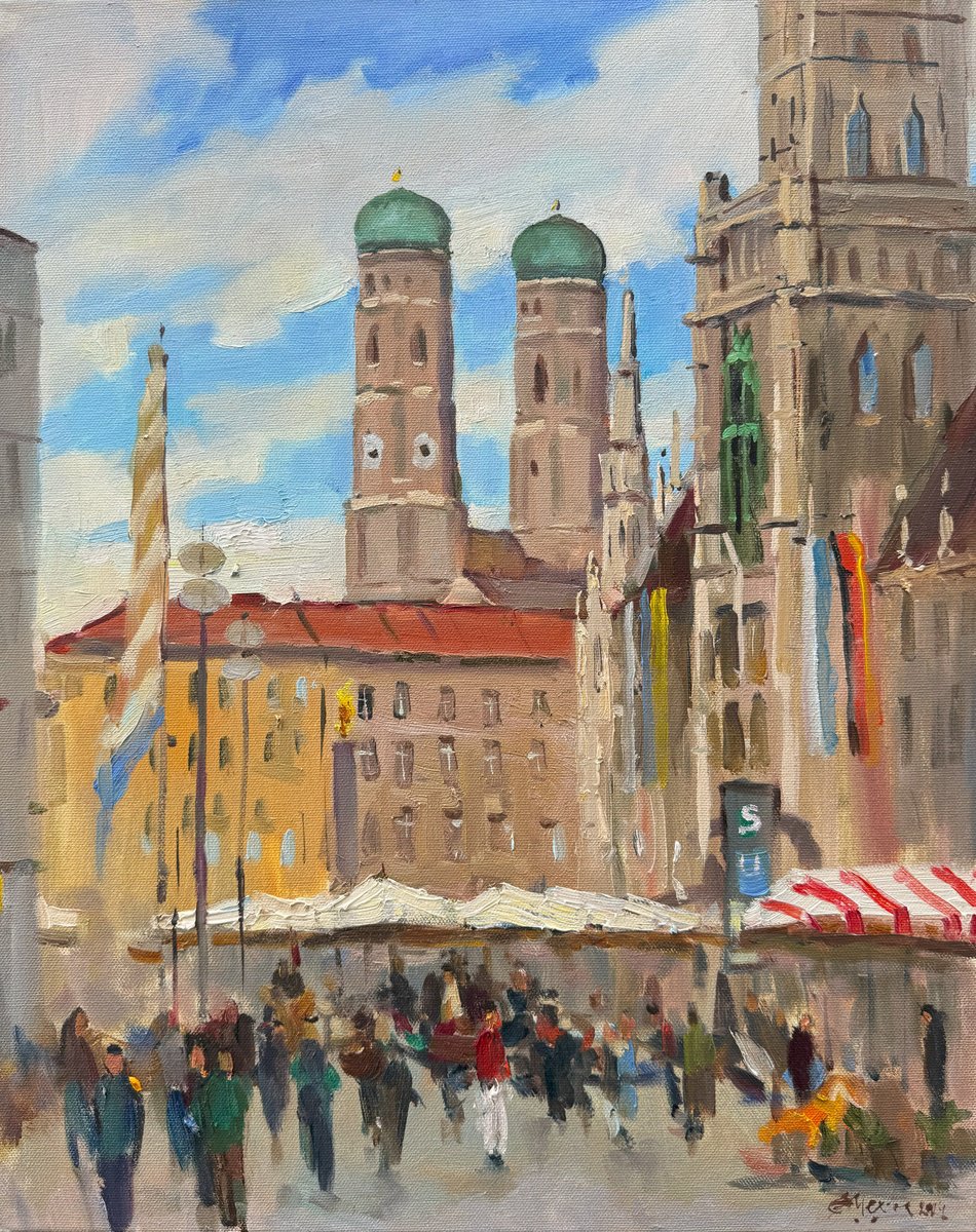 Impressionistic Cityscapes Oil Painting By Evgeniia Mekhova, 16 X 20, Munich Frauenkirche Cityscape, Original Artwork
