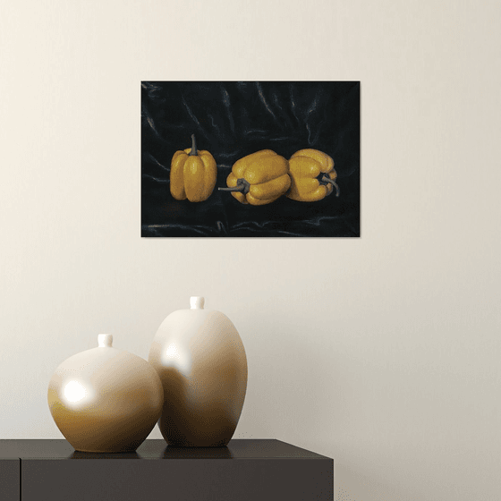 YELLOW PEPPERS ON BLACK SILK
