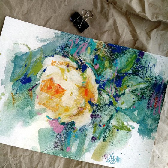 "Golden Rose" - Textured abstract botanical mixed media artwork