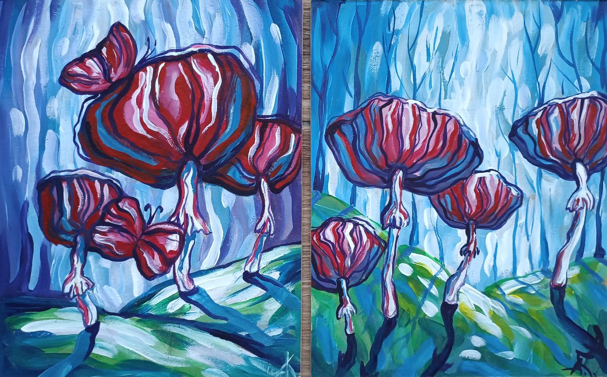 Abstract Botanical Acrylic Painting By Anastasia Kozorez, 15 X 9, Diptych Magic Forest, Original Artwork