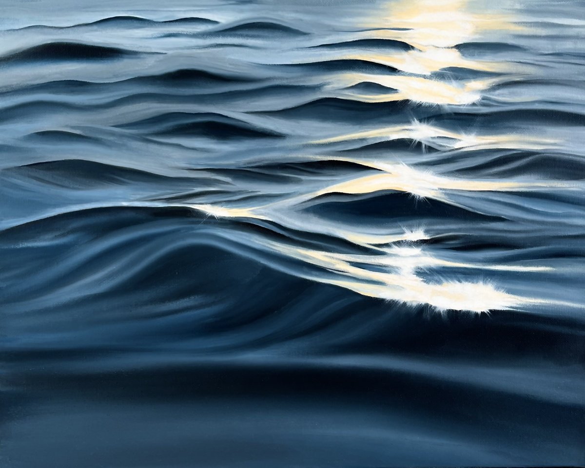 Photorealistic Landscape Oil Painting By Victoria Obolensky, 12 X 9", Gold Sea, Original Artwork