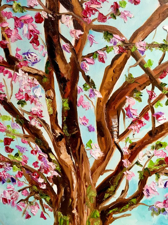 Apple blossom, tree near Bethnal Green, spring in London white, pink, turquoise ready to hang oil painting