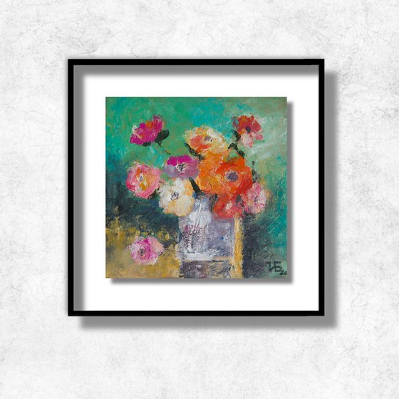 Small still life with roses in a blue ceramic vase
