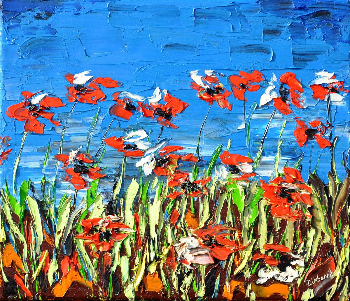 Impressionistic Botanical Oil Painting By Daniel Urbani?k, 14 X 12, A Meadow Full Of Poppies 2, Original Artwork