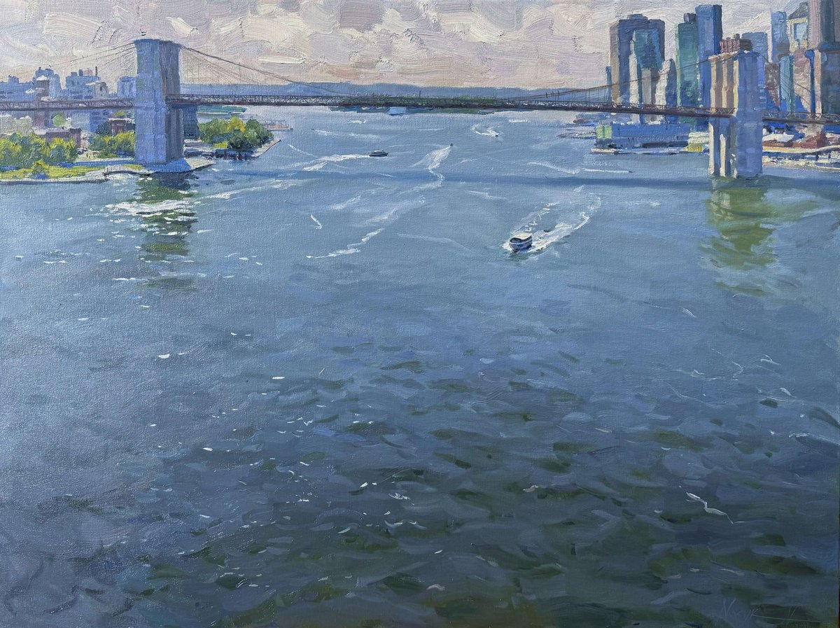 Impressionistic Cityscapes Oil Painting By Nataliia Nosyk, 40 X 30", East River Reflections, Original Artwork