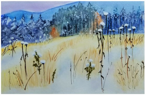 Winter Landscape #5. Original Watercolor Painting on Cold Press Paper 300 g/m or 140 lb/m. Landscape Painting. Wall Art. 7.5" x 11". 19 x 27.9 cm. Unframed and unmatted.
