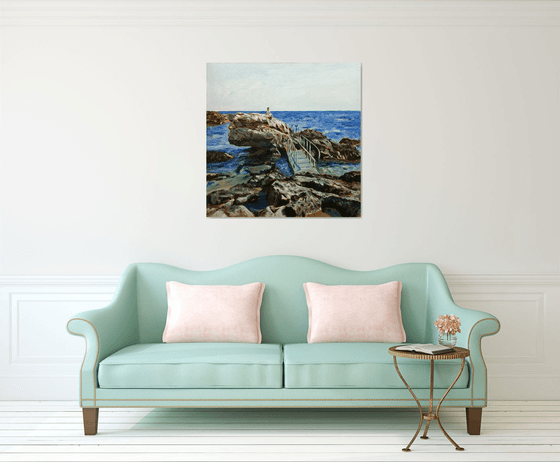 Pure joy - large seascape painting with girl sitting on the rocks, with silence and inner joy