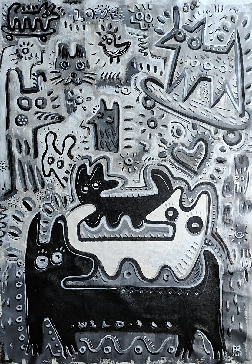 Expressive Animal Acrylic Painting By Angel Rivas, 43 X 60, Wild Dog Mountain, Original Artwork