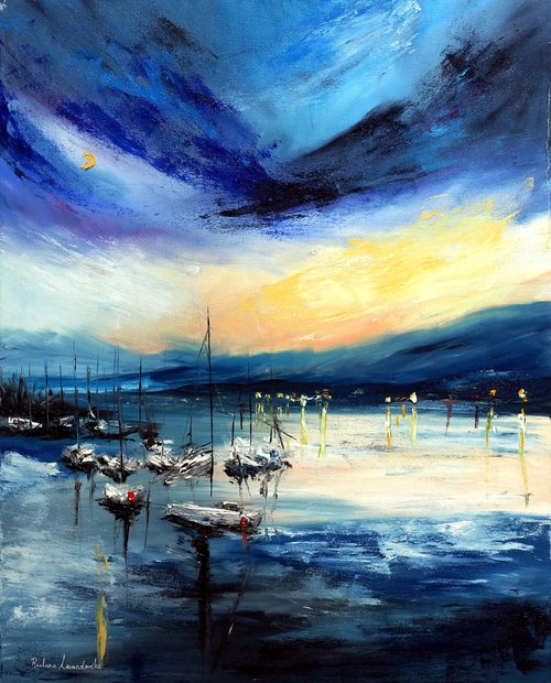 Sailboats at Evening Lake by Ruslana Levandovska