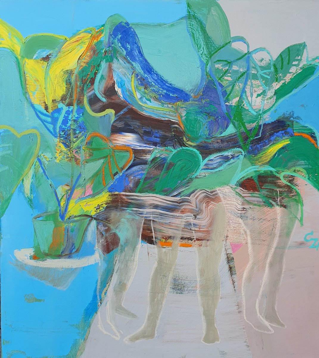 Expressive Botanical Oil Painting By Victoria Cozmolici, 31 X 35", Among The Plants., Original Artwork