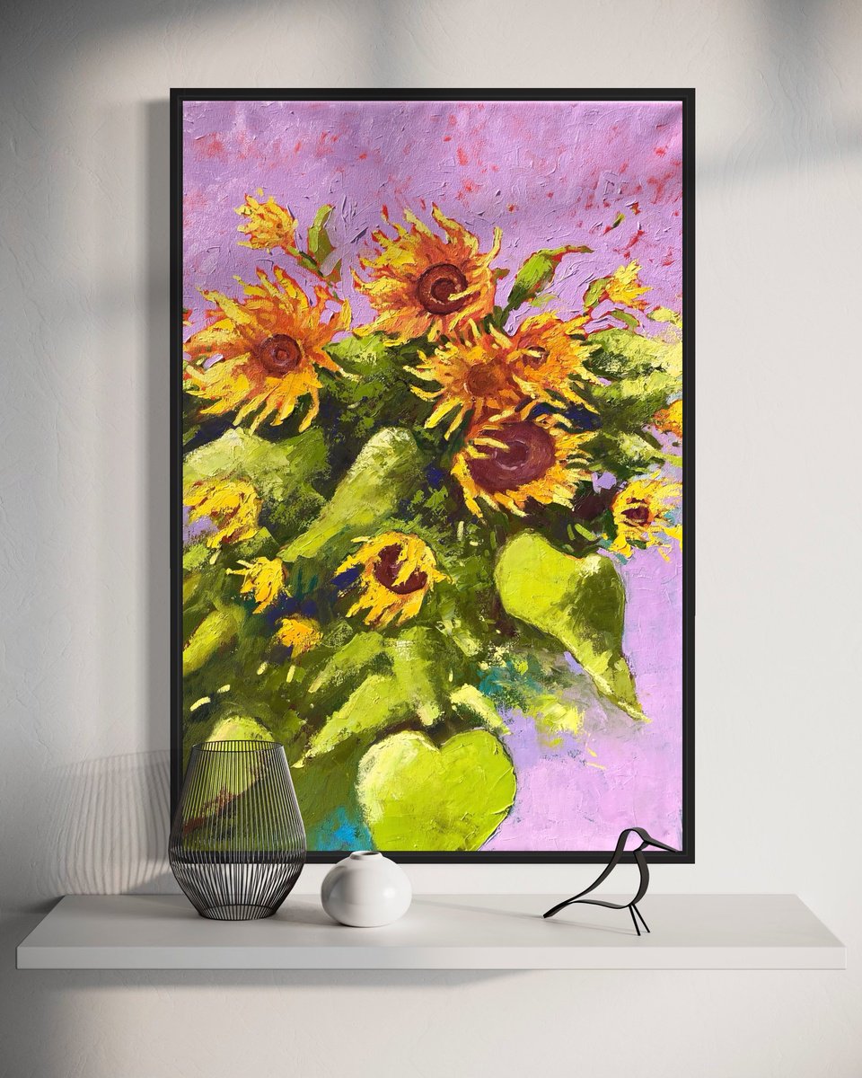 Impressionistic Landscape Oil Painting By Volodymyr Smoliak, 24 X 35", Warm Sunflowers, Original Artwork