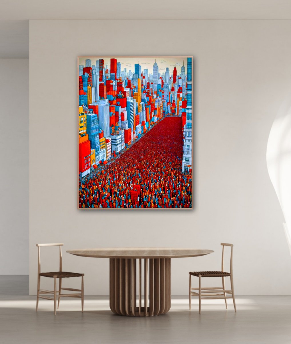 Expressive Cityscapes Acrylic Painting By Sanja Jancic, 33 X 43", Urban Life 3, Original Artwork