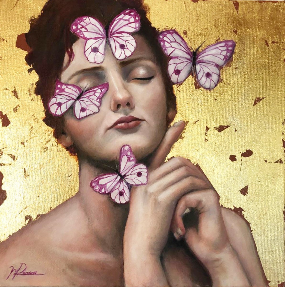 Expressive Portrait Oil Painting By Maria Romano, 16 X 16", Dream Butterflies, Original Artwork