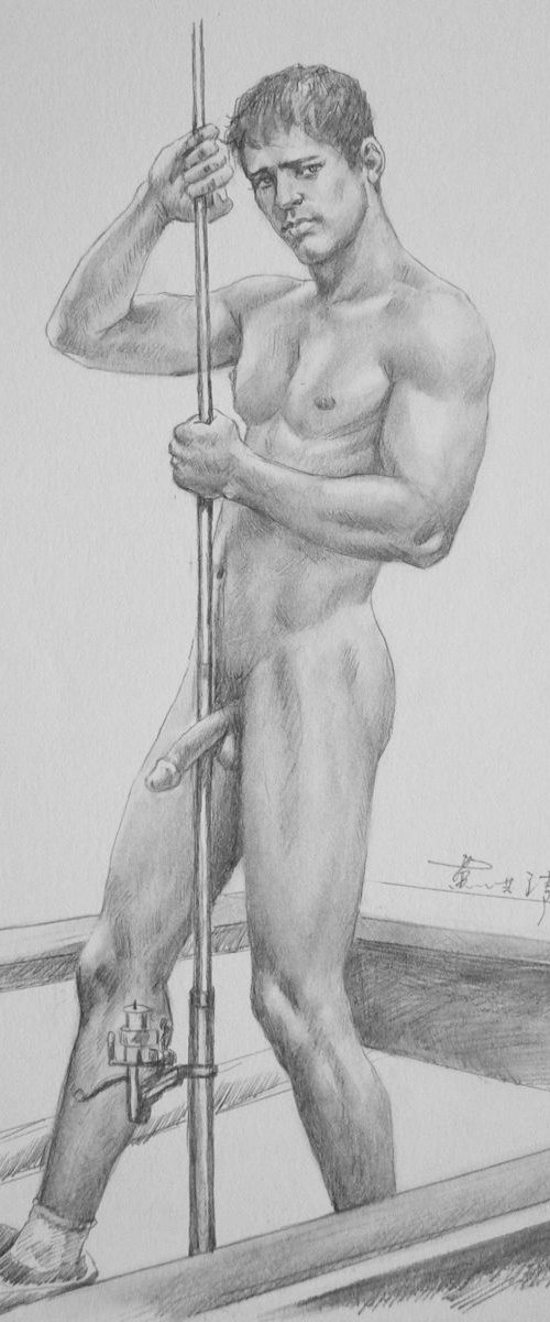 Drawing charcoal  male nude in boat #16-8-27 by Hongtao Huang