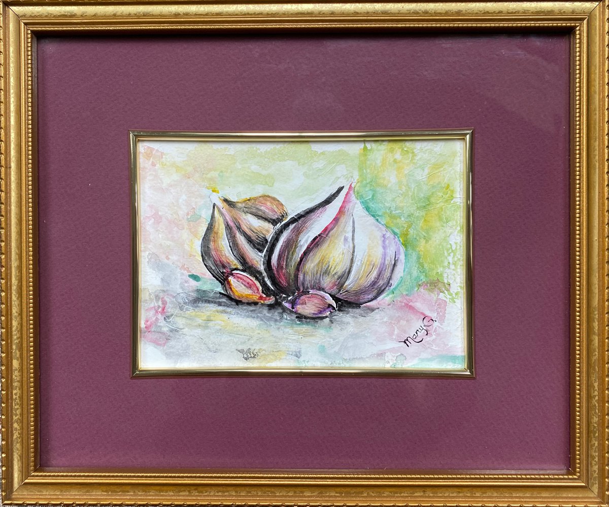 Garlic Original Watercolor Burgundy Mat with gold border, gold frame by Mary Gullette
