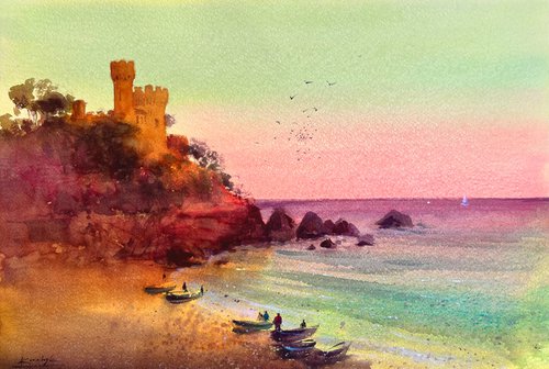 Picturesque fortress at dawn in Lloret de Mar on the shores of the Mediterranean Sea by Andrii Kovalyk