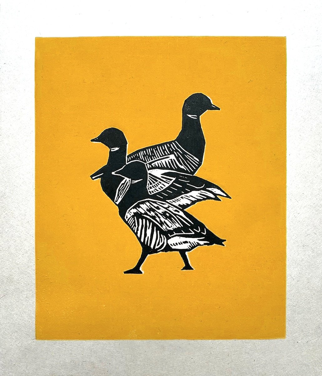 Animal Linocut By Jem Gooding, 8 X 10, Three Brent Geese Orange Edition, Original Artwork