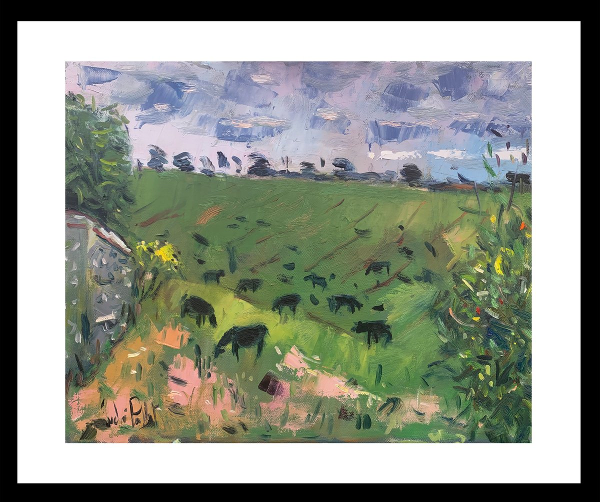 Impressionistic Landscape Oil Painting By Andre Pallat, 25 X 21, Steers Near South Stoke, Original Artwork