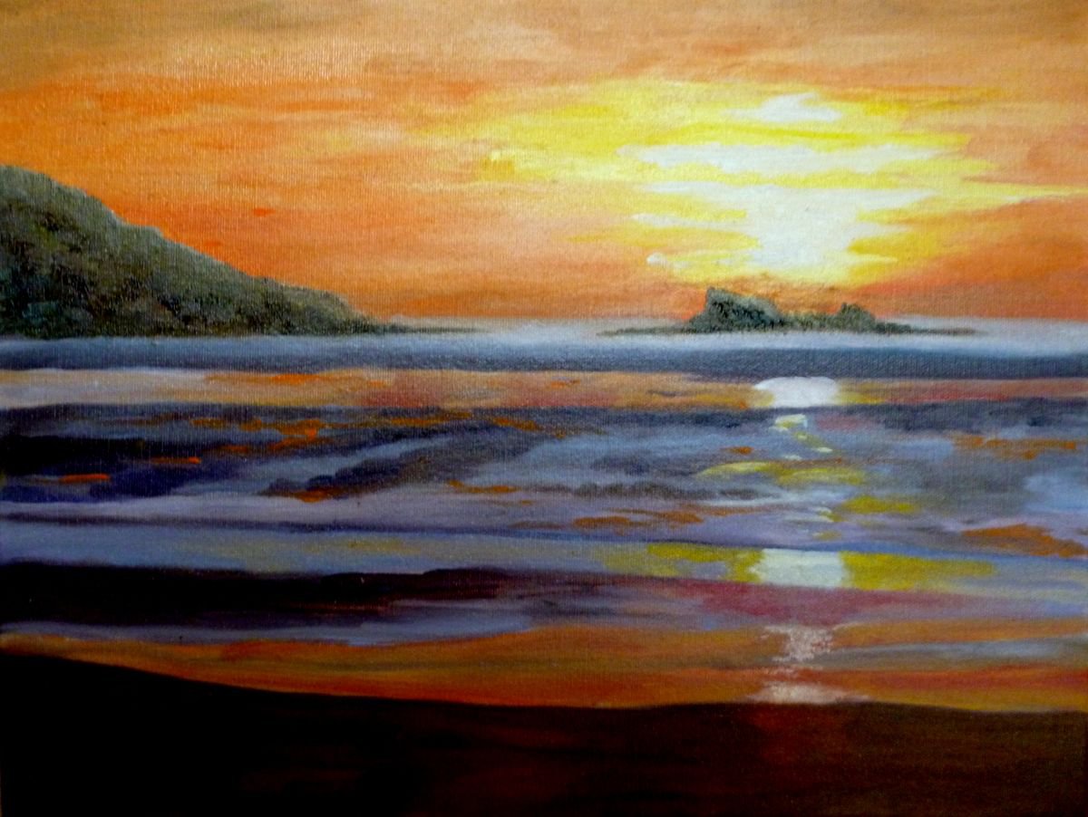 Impressionistic Landscape Oil Painting By Maddalena Pacini, 16 X 12", Sunset At Sand Bay, Original Artwork