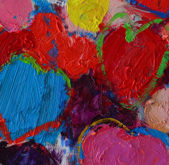COLORFUL HEARTS AND FLOWERS - abstract expressionist palette knife oil painting