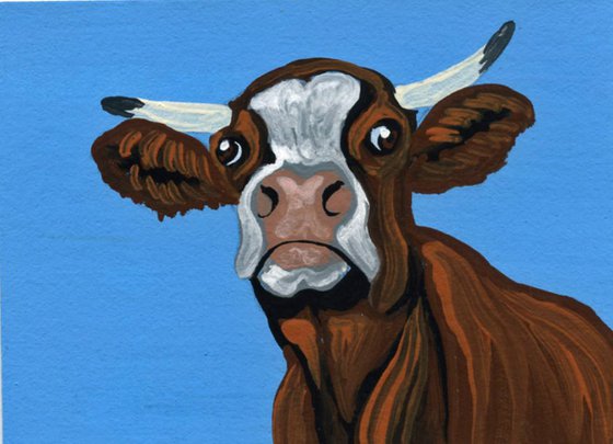 ACEO ATC Original Miniature Painting Brown Cow Farmyard Art-Carla Smale