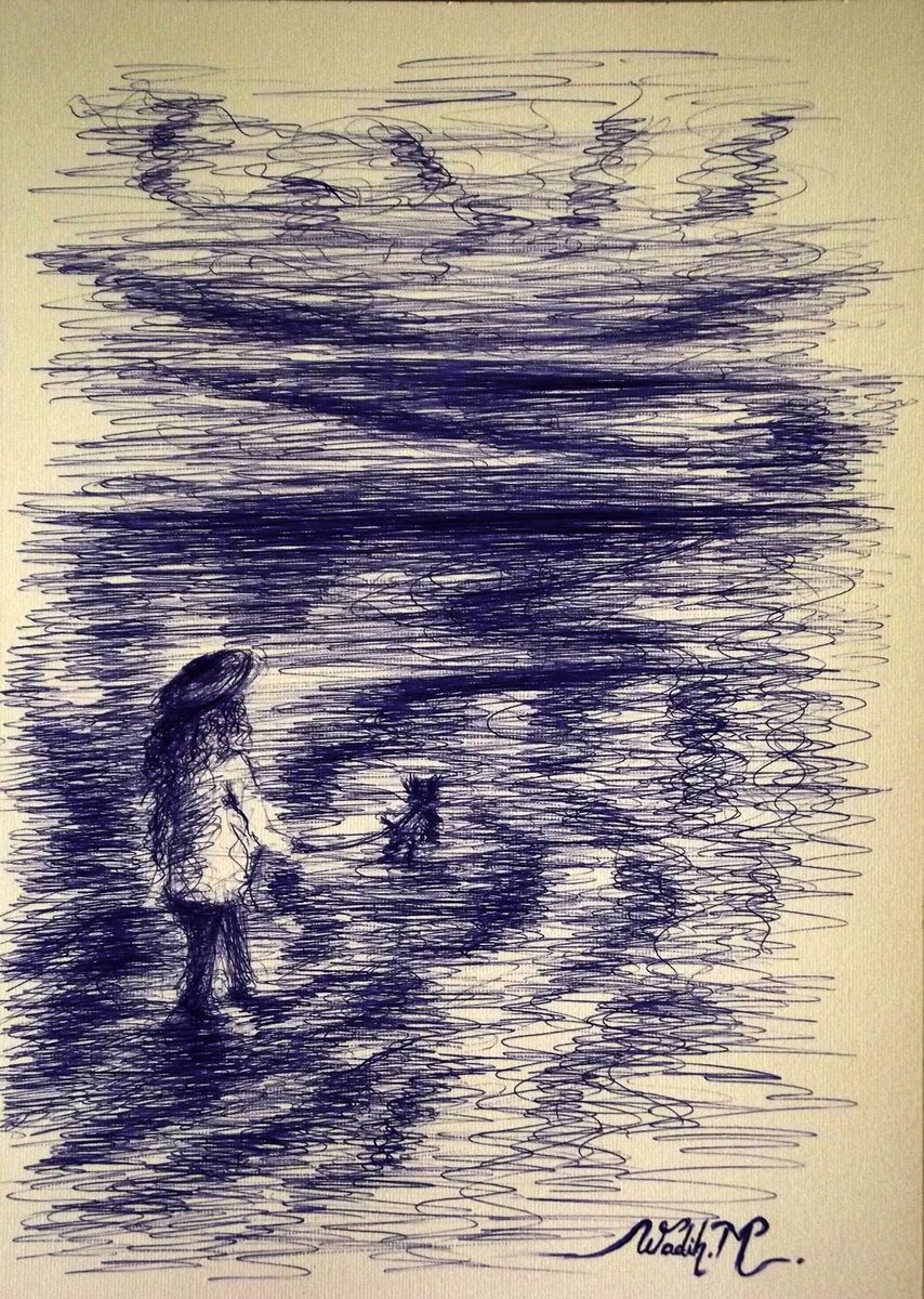LONG WAY TO GO - SEASIDE GIRL - Blue ink drawing on paper - 20.5x30cm by Wadih Maalouf