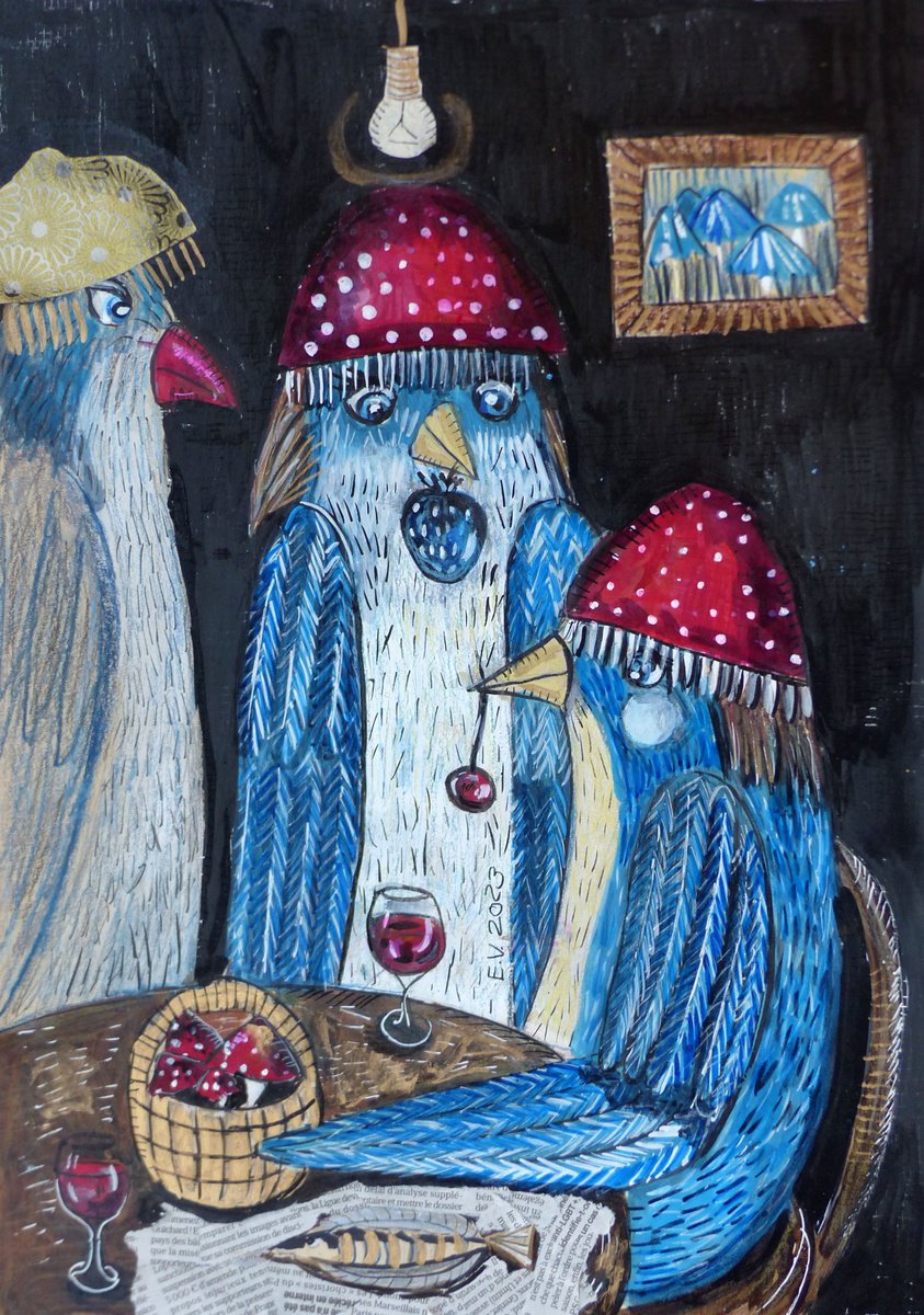 Surrealistic Animal Painting By Elizabeth Vlasova, 12 X 17, Secret Gathering, Original Artwork