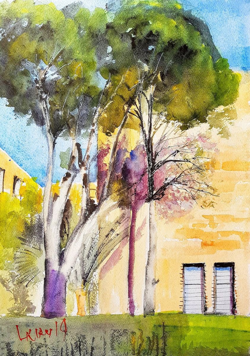 Impressionistic Botanical Watercolour By Leonid Kirnus, 12 X 14", Ficus Tree, Original Artwork