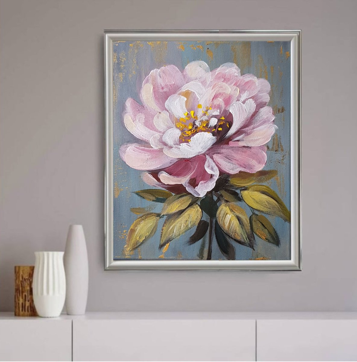 Impressionistic Botanical Acrylic Painting By Olga Lomax, 10 X 12", Pink Rose, Original Artwork