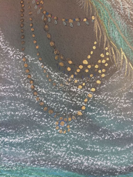 Woman, in turquoise water, with gold and flowers