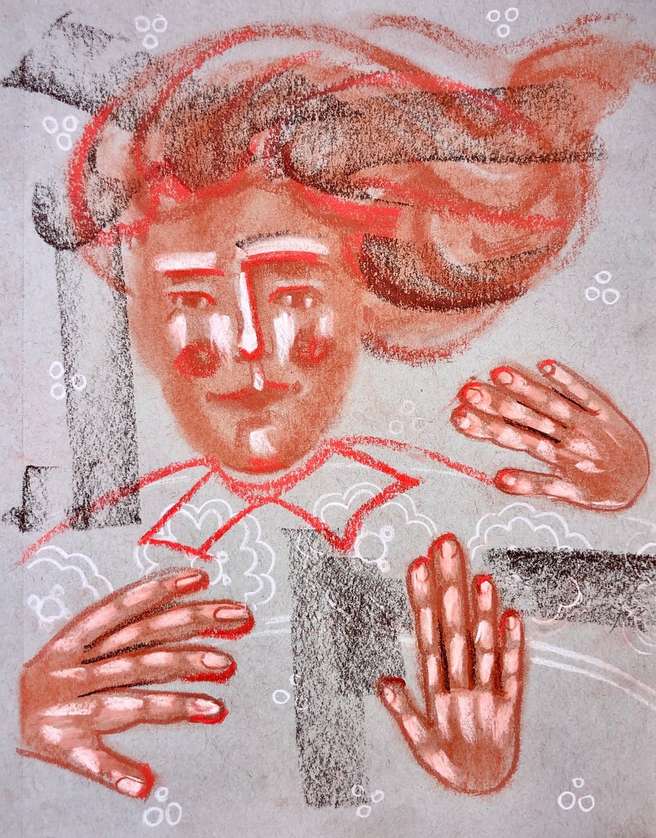 Naive Portrait Pastel Drawing By Yuliia Chaika, 10 X 12", Small Woman Portrait Drawing, Original Artwork