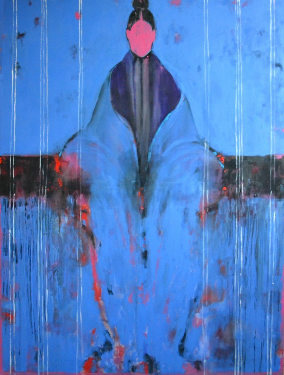 Abstract Portrait Acrylic Painting By Gela Mikava, 41 X 55, Blue Abstract, Original Artwork