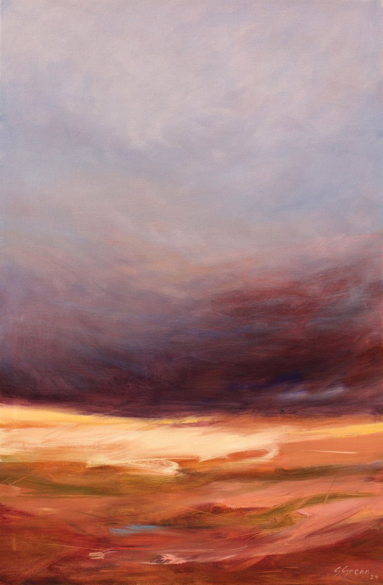 Abstract Landscape Oil Painting By Simona Gocan, 24 X 36", Sunset In The Desert #1, Original Artwork