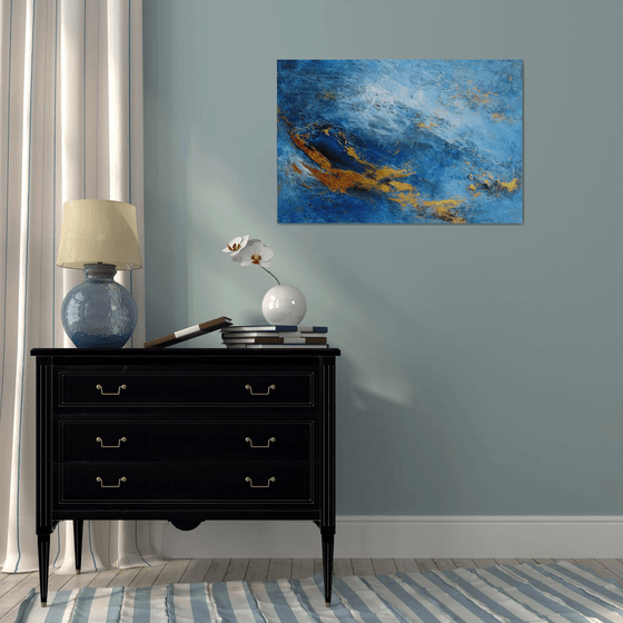 Large Blue and Gold Contemporary Abstract Landscape, Ocean Painting # 810-31. Textured Art