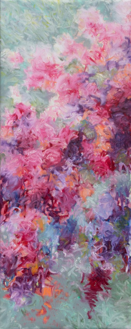 Pink and mint floral Monet inspired in green, celadon, turquoise, and orange soft muted colours by Fabienne Monestier