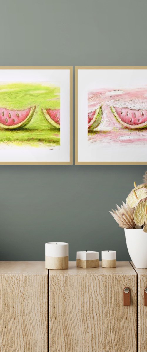 Watermelons On Green and Pink by Evgen Semenyuk