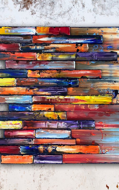 "Stacking Up" - Original PMS Assemblage Sculptural Painting On Wood and Wooden Pieces - 36 x 24 inches by Preston M. Smith (PMS)